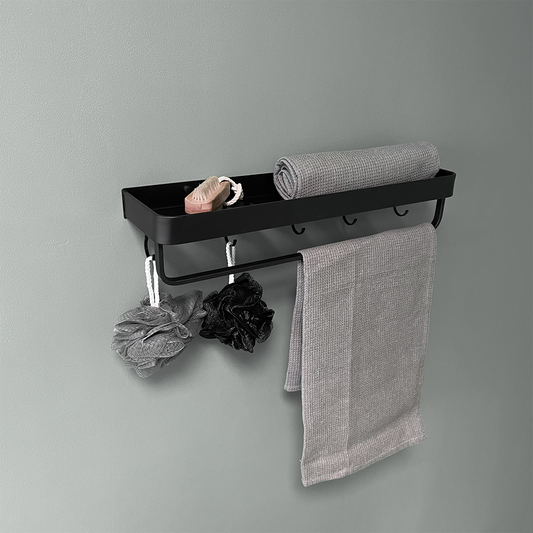 Badezimmer Ablage 50cm STAHLIO Badezimmerablage Regal mit Haken und Handtuchhalter schwarz